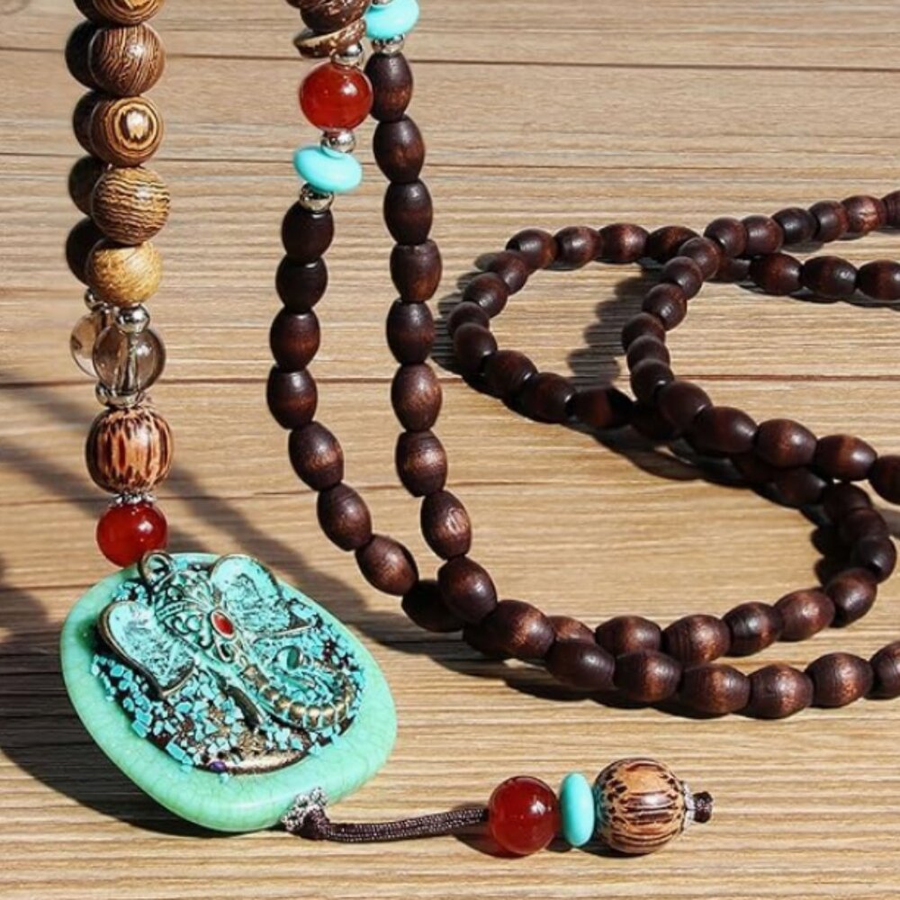 Free People Tanyoyo Vintage Long Necklace Handmade Turquoise Wood Beads Necklace